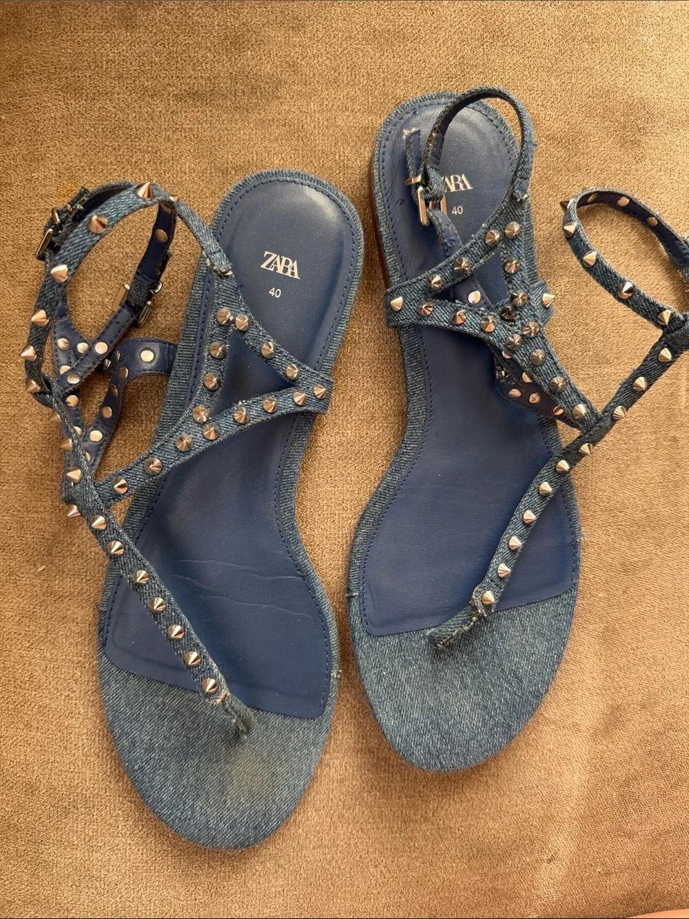 Zara Denim gladiator Studded T-Strap Sandals Blue denim silver flats strappy 40